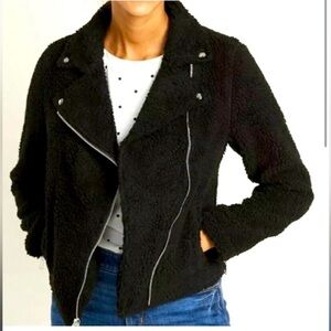 Old Navy Fleece Teddy Jacket Black Biker Moto Jacket